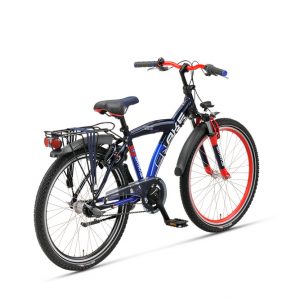 Stoere jongensfiets, Batavus Snake, kinderfiets met versnellingen in de kleur zwart met rood