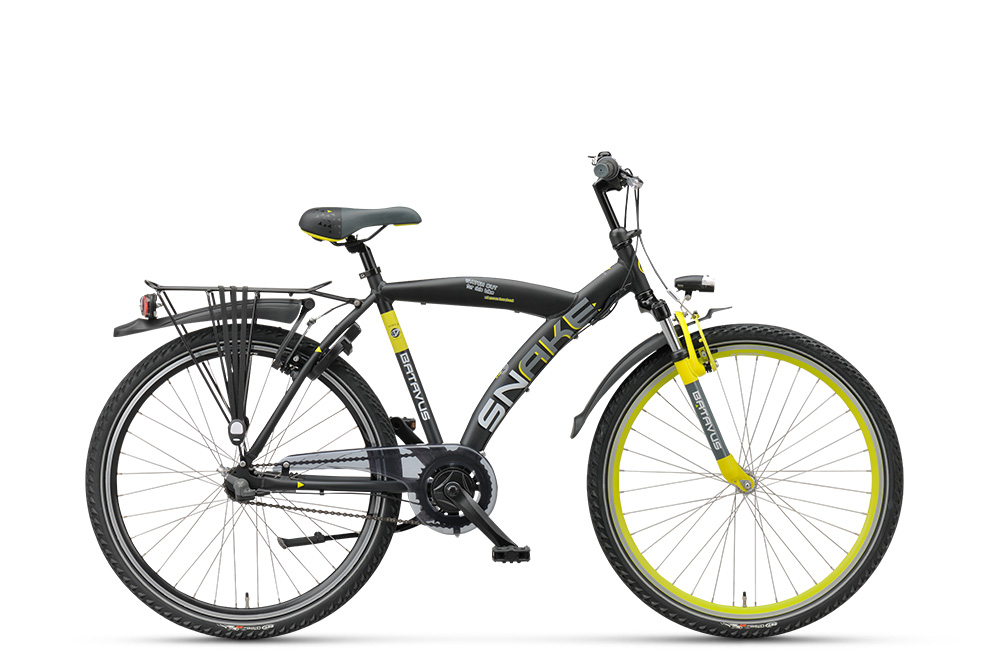 Stoere jongensfiets, Batavus Snake, kinderfiets met versnellingen in de kleuren zwart met geel