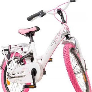Meisjesfiets, kinderfiets, Loekie Superstar, wit met roze vanaf de voorzijde