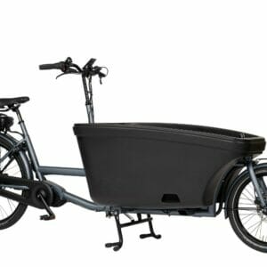 Een elektrische bakfiets in de kleur grijs met zwart